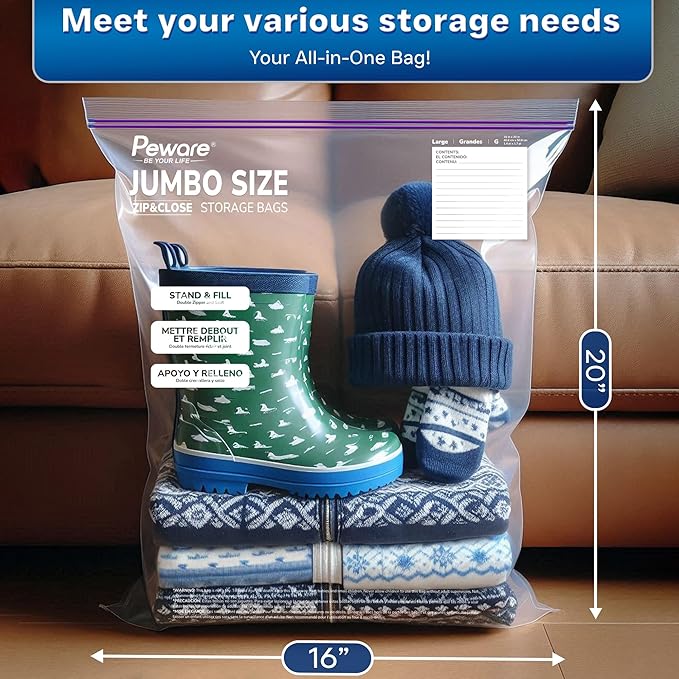 Large Storage Bags, 16"x20" Jumbo Plastic Bag, BPA Free, 3.5 Gallon XL Zipper Lock Baggies for Clothes Pillow Travel Moving - 30 Roomy Bags