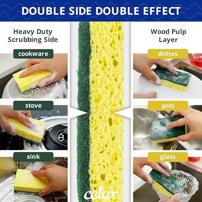 CELOX 24 Pack Dish Sponge for Kitchen, Dual Sided Scrub Sponge Heavy Duty, Non-Scratch Sponges Perfect for Kitchen Dishwashing and Household Cleaning, Highly Absorbent and Easy to Dry for Reuse