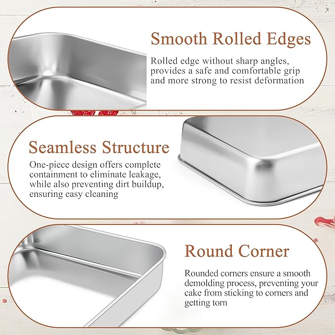 LIANYU 12⅓ x 9¾ x 2 Inch Cake Baking Pan Set of 4, Toaster Oven Pan for Brownies Lasagna Casseroles Cookie Meat, Stainless Steel Rectangle Bakeware Set, Heavy Duty & Mirror Polished, Dishwasher Safe