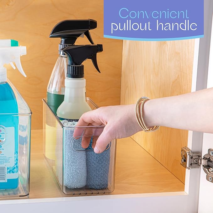 Plastic Food Storage 2 Pack Clear Container Bin with Handles for Organizing Kitchen, Pantry, Refrigerator, Freezer, Pantry, Cabinet, Closet, Bathroom. 10”x4”x5”