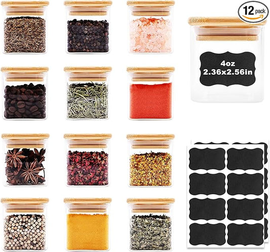 Glass Food Storage Jars Square 4oz, 12 Pack Glass Jars With Bamboo Lids, Kitchen Storage Containers For Spice, Candy, Cookie, Storage For Pantry Organizers
