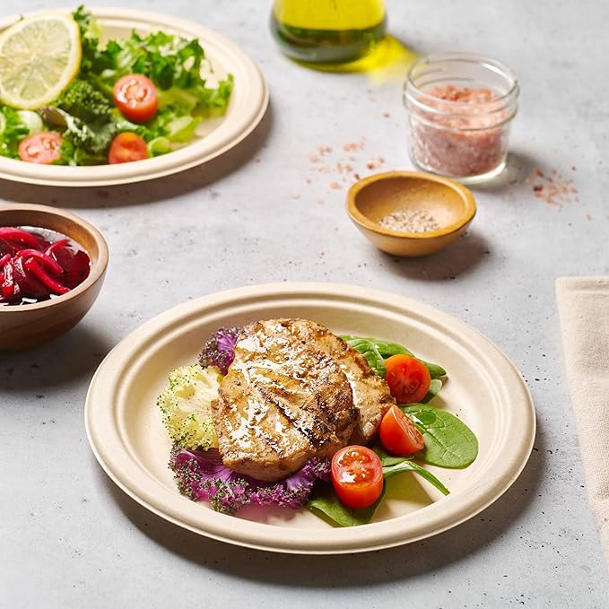 100% Compostable Paper Plates 150 Pack, 10 Inch Heavy Duty Biodegradable Microwavable Disposable Brown Dinner Plates, Made of Eco-Friendly, Natural Unbleached Sugarcane Bagasse