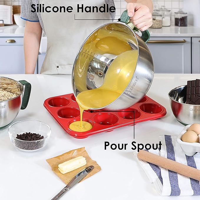 Rorence Mixing Bowls Set: Stainless Steel Non-Slip Bowls with Pour Spout, Handle and Lid - Set of 3 - Green