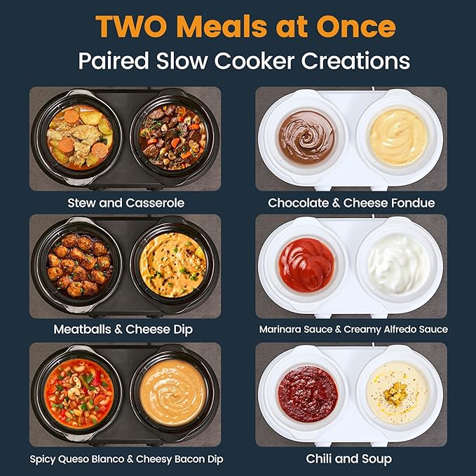 KOOC Double Small Slow Cooker, Buffet Server and Warmer, 2 Mini Pots with 3 Individual Adjustable Temp, Dual Ceramic Pots, Free Liners for Easy Clean-up, Stainless Steel, Total 2.5 Quart, Grey, Round