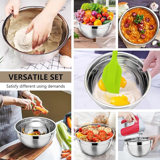 P&P CHEF Mixing Bowl with Lid Set of 7, Stainless Steel Nesting Salad Bowls for Cooking Serving Prepping, Clear Lids & Stackable Design, Size 4.6, 3.5, 3, 2, 1.5, 1, 0.7 Qt - Multicolor