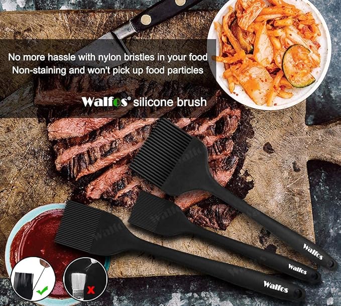 Walfos 3 Size Basting Brush, High Heat Resistant Silicone Pastry Brushes for Barbecue, Baking, Kitchen Cooking, Desserts- Strong Stainless Steel Core Technology