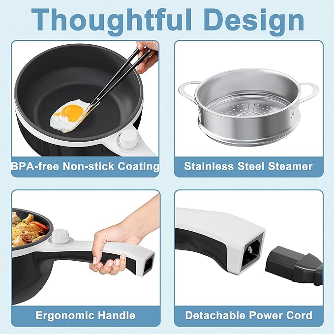 Dezin Hot Pot Electric with Steamer Upgraded, Non-Stick Sauté Pan, Rapid Noodles Electric Pot, 1.5L Mini Pot for Steak, Egg, Fried Rice, Ramen, Oatmeal, Soup with Power Adjustment