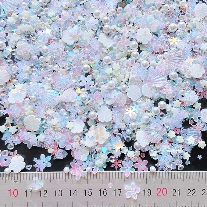 Sequins Holographic Polymer Clay Slices Nail Glitter 3D Holographic Snowflake Shell Butterfly Plum Blossom Nail Sequins Slices Polymer Clay Nail Decals for DIY Nail Decoration (White-51)