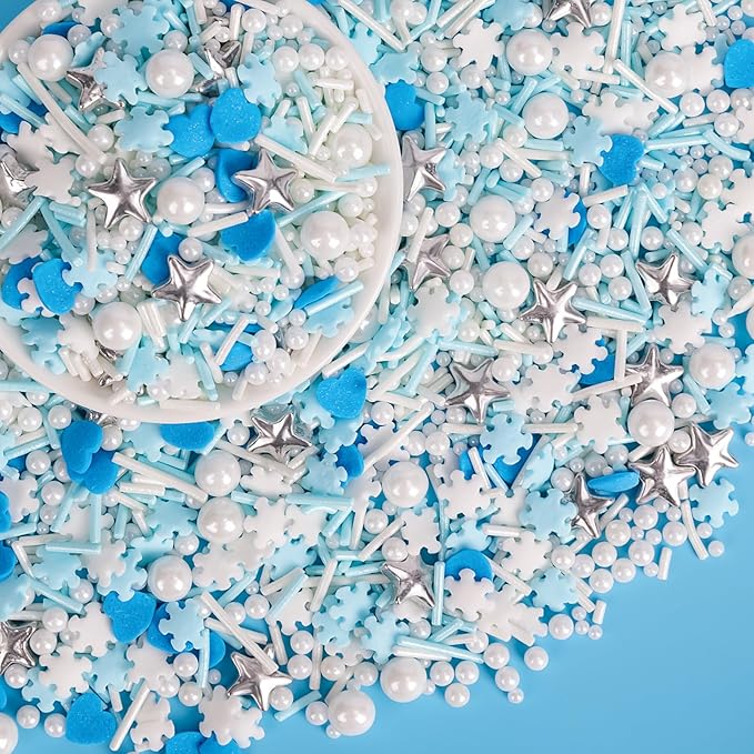 Edible Frozen Sprinkles ,Blue Heart White Snowflake Silver Star Pearl Jimmies Mix,130g/4.58oz,Winter Snow Sugar Pearls Sprinkles for Decorations Baking,Cake Ice Cream Cookies Cupcake Topper Chocolate,Birthday Children Party Dessert Decorating