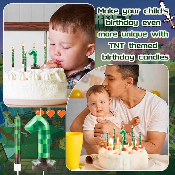 13 Pcs Dynamite Candles 12 TNT Themed Birthday Cake Candles and Number 1 Candle Cake Topper for Pixel Theme Birthday Party Anniversary Party Dynamite Theme Party Video Game Party Supplies (Number 1)