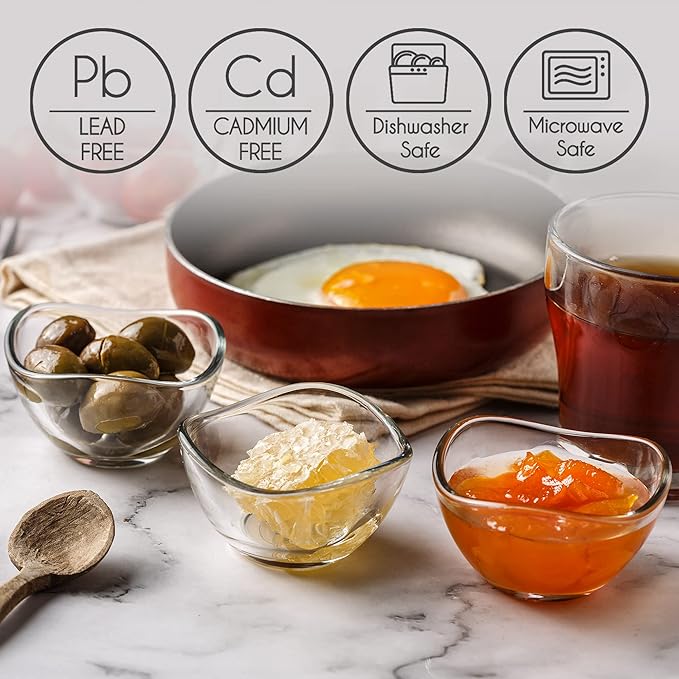 Volarium Mini Glass Prep Bowls Set of 6, 2 1/4 oz Capacity, Modern Style, Round Glass Bowl Set, Condiment & Spice Bowls, Transparent, Dishwasher & Microwave Safe