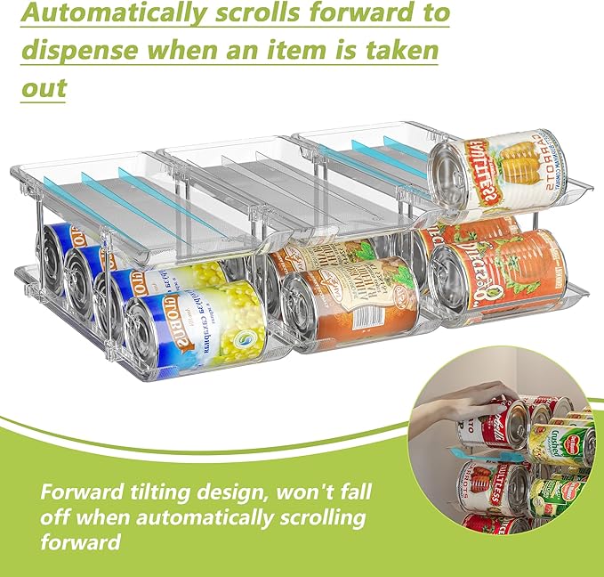 Can Organizer for Pantry Soda Can Organizer Automatic Rolling Food Pantry Storage Rack Can Dispenser for Fridge Holds 72 Cans, Fits 5.8-Inch Soda and Can, Set of 18