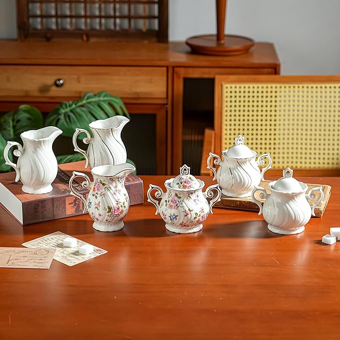 Sugar and Creamer Set Ceramic, Creamer Pitcher and Sugar Bowl with Lid, Creamer Pitcher with Handle,Sugar Cube Dish Coffee or Tea (White with small flowers)