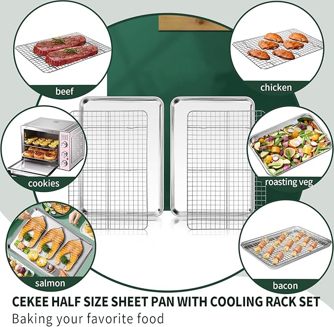 Half Sheet Pans with Rack Set [2 Pans + 2 Racks], CEKEE Stainless Half Size Large Baking Sheets with Rack -18 Inch Baking Tray Set- Rust & Warp Resistant & Heavy Duty Large Cookie Sheet