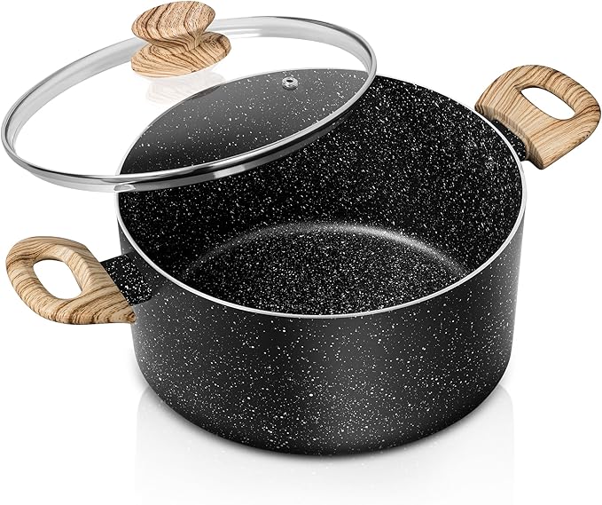 MICHELANGELO Stock Pot with Lid, 5 Quart Cooking Pot Nonstick, Granite Soup Pots with Lid, Induction Pot with Stay-cool Handle, 5 Qt Stockpot Non Stick Pots Black