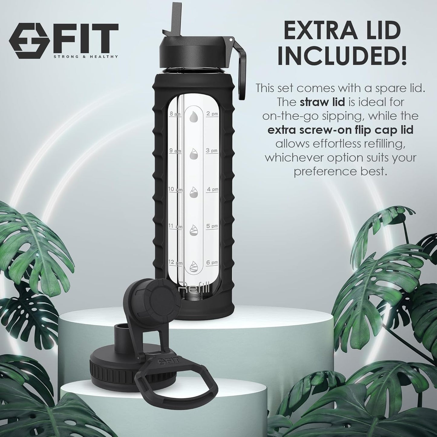 FIT Strong & Healthy 32 oz Glass Water Bottle with Straw Lid, Time Marker, Sleeve & Extra Lid - Motivational, Wide Mouth 1 Liter Glass Drinking Bottle