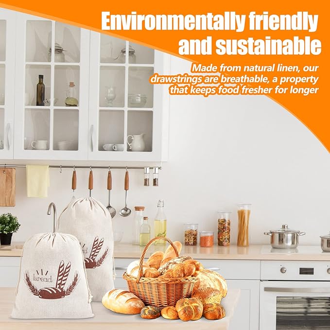Dunzy 20 Pcs Linen Bread Bag Reusable Container Drawstring Bread Bags Storage Unbleached for Food Baking Kitchen Sandwich Bakery Picnic Wedding Wrapping Camping (10 x 12 Inch, 11 x 17 Inch)