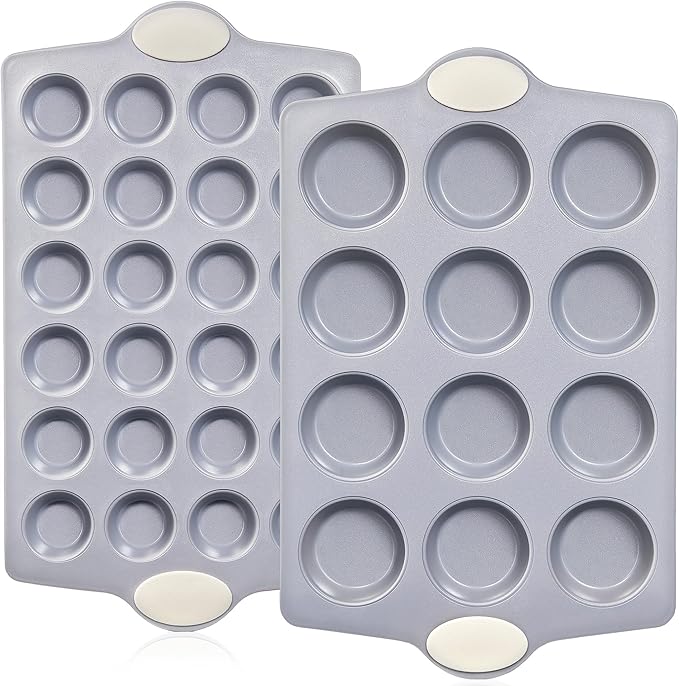 BRONYPRO Ceramic Muffin Pan, 12-Cup and 24-Cup Nonstick Aluminized Steel Mini Cupcake Pans, Healthy Non-Toxic Ceramic Coating Muffin Tin, 2 Pack Cup Cake Pans for Baking Cream