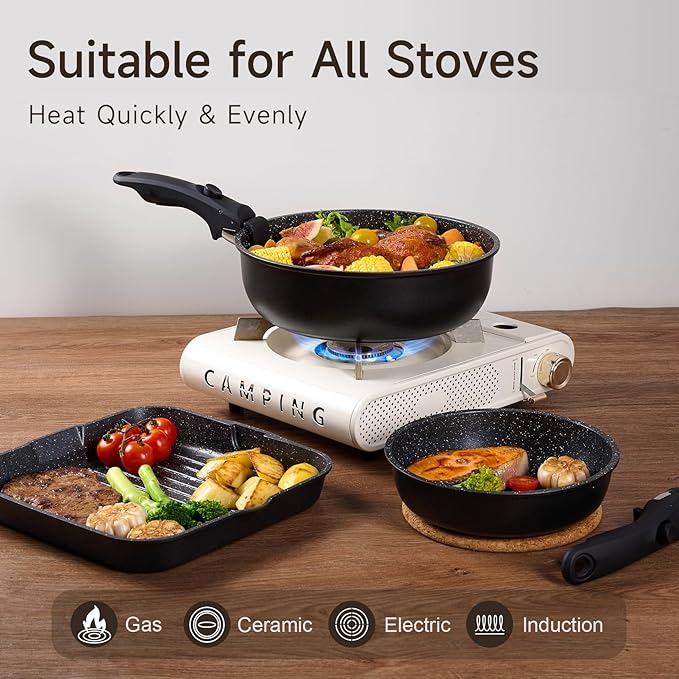 JEETEE Pots and Pans Set Non Stick 25pcs, Cookware Set with Removable Handle, Induction Kitchen Cooking Sets with Detachable Handle, RV Camping Stackable Pots Pans, Oven Safe, PFOA Free, Black