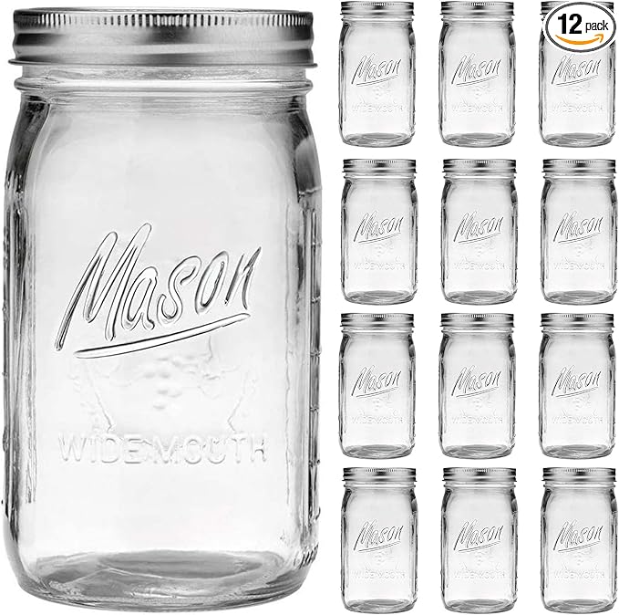 Wide Mouth Mason Jars 32 oz - 12 Pack Large Glass Mason Jars with Airtight Lids and Bands, 1 Quart Glass Jars for Pickling, Canning, Fermenting and Food Storage, Microwave & Dishwasher Safe