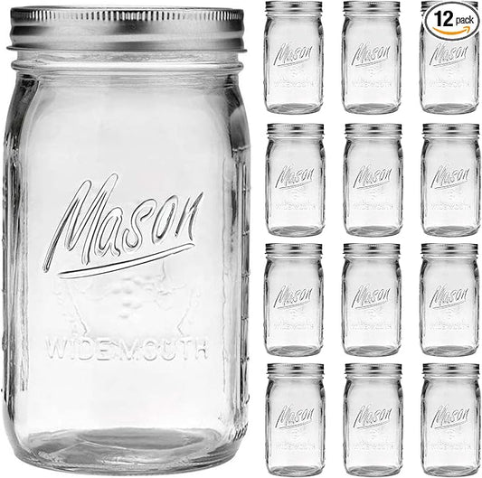 Wide Mouth Mason Jars 32 oz - 12 Pack Large Glass Mason Jars with Airtight Lids and Bands, 1 Quart Glass Jars for Pickling, Canning, Fermenting and Food Storage, Microwave & Dishwasher Safe