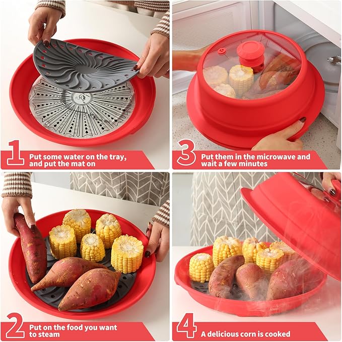 Microwave Splatter Silicone Cover Collapsible Steamer, Vented Multifunction Splash Lid with Glass Dish Bowl Plate for Food Cooking Bacon Maker, Dishwasher Safe BPA-Free 10.5 inch Cookware Set