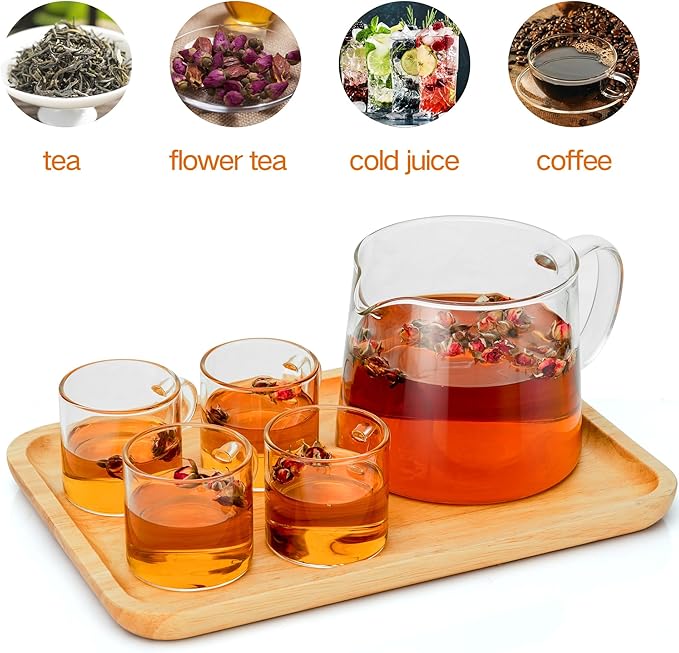 Glass Teapot 34oz/1000ml with 4 Pack Tea Cups Gift Set, Removable Stainless Steel Infuser, Heatproof Borosilicate Glass, Stovetop Safe for Loose and Blooming Leaf Tea