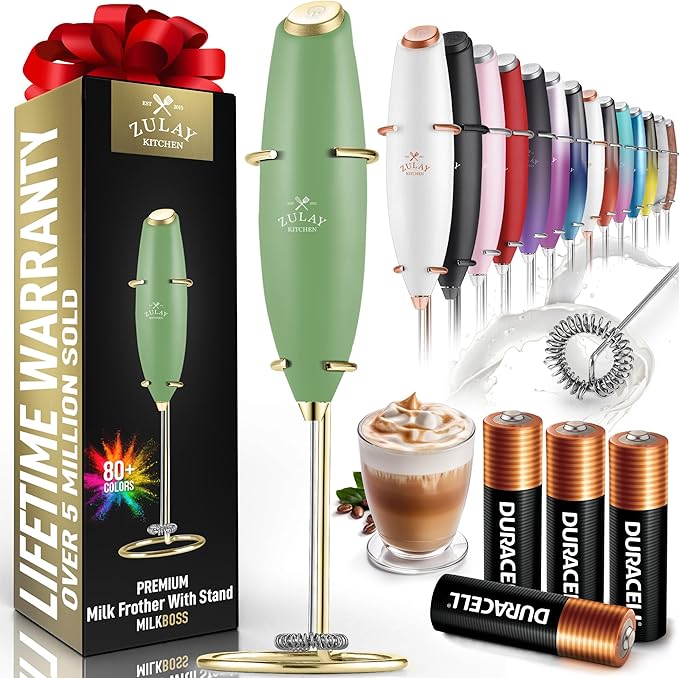 Zulay Kitchen Powerful Milk Frother Wand With 4 AA Duracell Batteries - Ultra Fast Handheld Drink Mixer - Electric Whisk Foam Maker for Coffee, Lattes, Cappuccino, Matcha & Creamer -