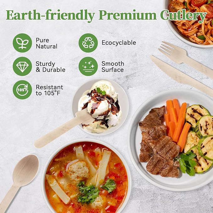 ECOLipak 300 Count Disposable Wooden Cutlery Set, 100 Knives, Forks and Spoons each, Splinter-Free Compostable Wooden Disposable Utensils for Party, Camping, Traveling, Family Dinners