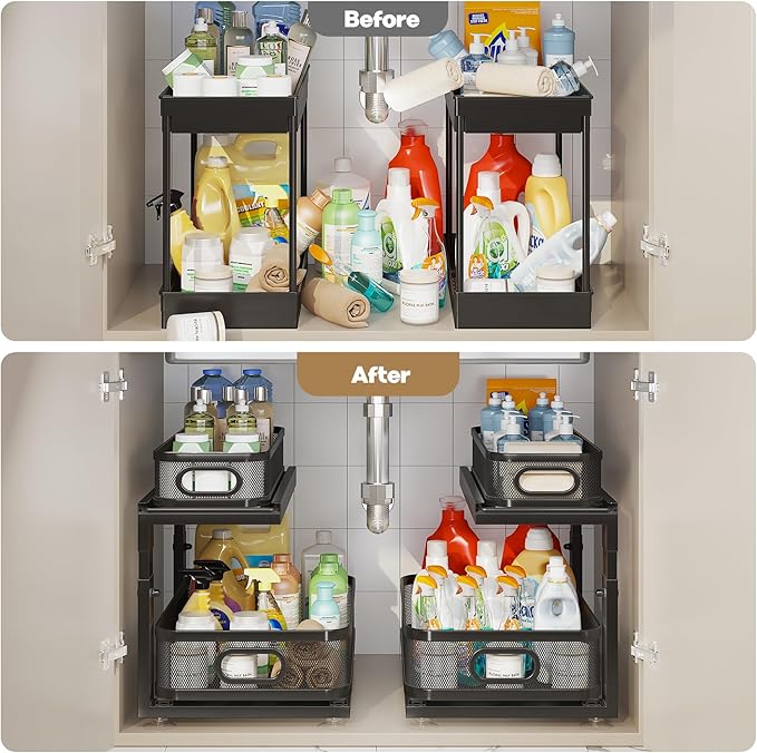 2 Pack 18.5IN-Depth Under Sink Organizer With Next-Gen Ball-Bearing Slides,2-Tier Precision Mesh Pull Out Cabinet Storage for Bathroom&Kitchen,Height Adjustable Drawers Shelf,Anti-rust-Black