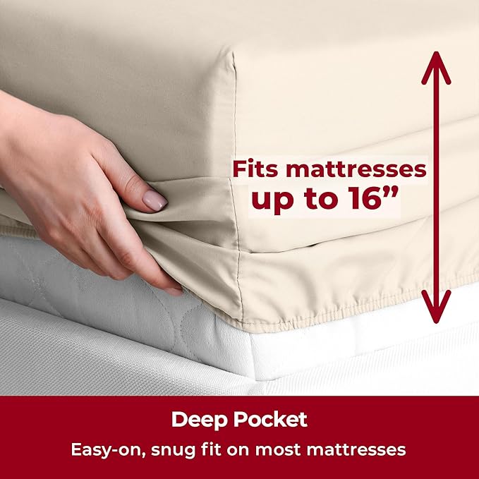 Mellanni Split King Sheets Set - 5 PC Iconic Collection Bedding - Hotel Luxury, Extra Soft, Cooling Bed Sheets - Wrinkle, Fade, Stain Resistant (Split King, Beige)