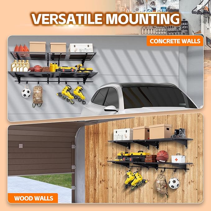 Garage Wall Shelving with Hooks,2-Pack 1.64 x 6ft Garage Wall Shelf,Loads 1050 lbs Heavy Duty Wall Shelves,20” x 72” Garage Shelves Wall Mounted,Black