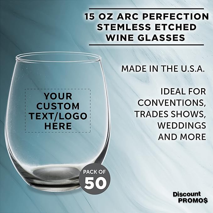Custom Stemless Wine Glasses in Bulk by ARC Perfection, 15 oz, 50 pack, Personalized Text, Logo, Red or White Wine Glass Set, Black