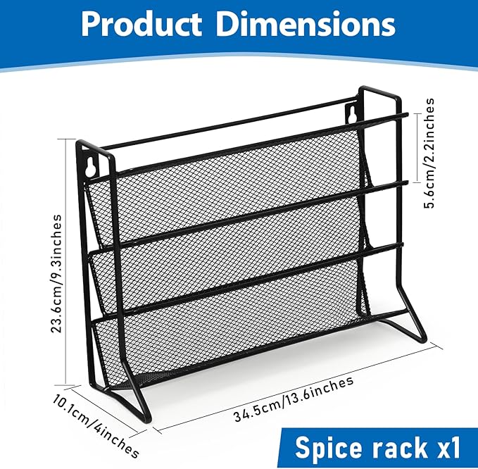 1PCS 4Tier Spice Rack for Counter Free Standing,Spice Rack for Inside Cupboard Hanging Wall Mounted Spice Seasoning Organiser Spice Jars Bottle Organizer for Kitchen Pantry（Black）