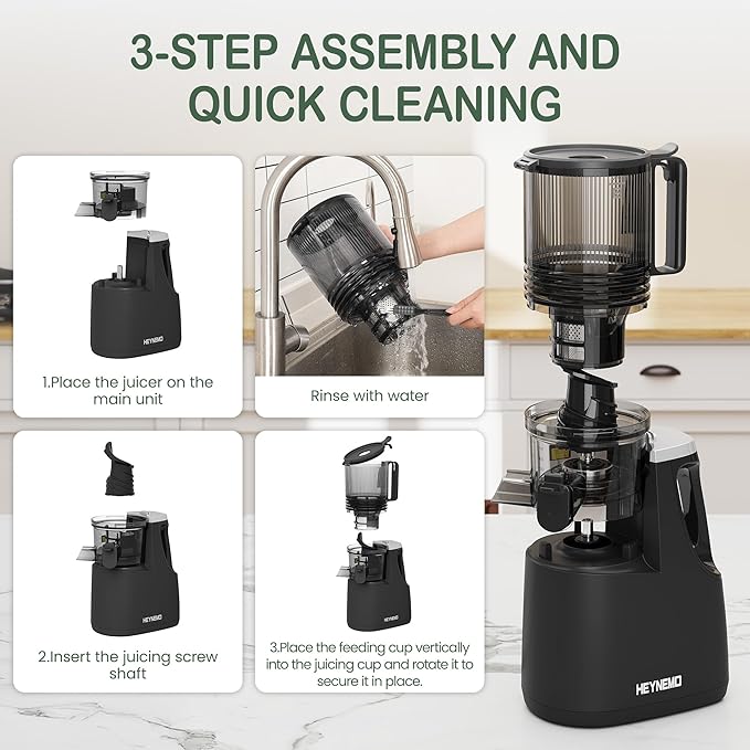Heynemo Juicer Machines, 5.9" Wide Feed Chute Cold Press Juicer for Whole Vegetable & Fruit, 250W Slow Masticating Juicer Machines with with Dual-Layer Strainer, Easy to Clean,High Juice Yield, Black