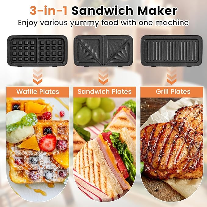 BECOMFORT 3 in 1 Waffle Maker, Sandwich Press w/3 Removable Non-stick Plates, Indicator Lights, Cool Touch Handle, Sandwich Maker & Panini Press w/5-gear Temperature Control for Breakfast Steak