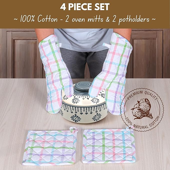 Native Fab 4 Piece Set - 2 Oven Mitts & 2 Potholders, Heat Resistant, 100% Cotton, Quilted Design, Non-Slip Grip, Ideal for Baking, Cooking, BBQ, Kitchen Protection, Multi-Color Checks