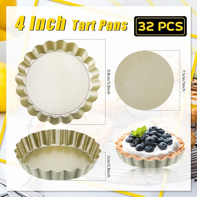 Uiifan 32 Pcs Mini Tart Pans Egg Tart Molds with Removable Bottom Round Nonstick Quiche Pan Mini Pie Pans Small Bakeware Mold Fluted Side for Mousse Cake Dessert Baking(4 Inch,Gold)