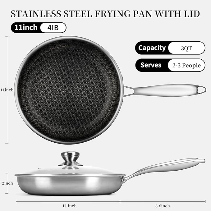 Stainless Steel Frying Pan with Lid - 11 Inch Nonstick Frying Pan with Lid, Honeycomb Stainless Steel Skillet Omelet Chef's Pan with Stay Cool Handle, Induction Compatible, PFOA Free