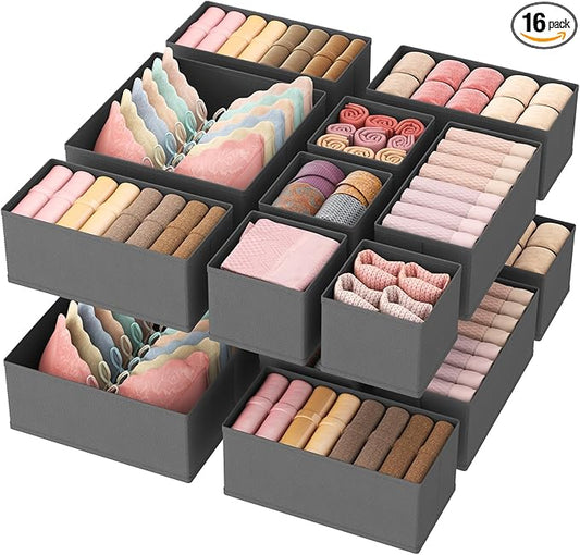 Lifewit 16 Pack Drawer Organizer, Dresser Underwear Drawer Organizer Bins, Foldable Fabric Closet Organizers, Storage Drawer Dividers, Dorm Room Essentials for Clothing, Socks, Towels, Ties Gray