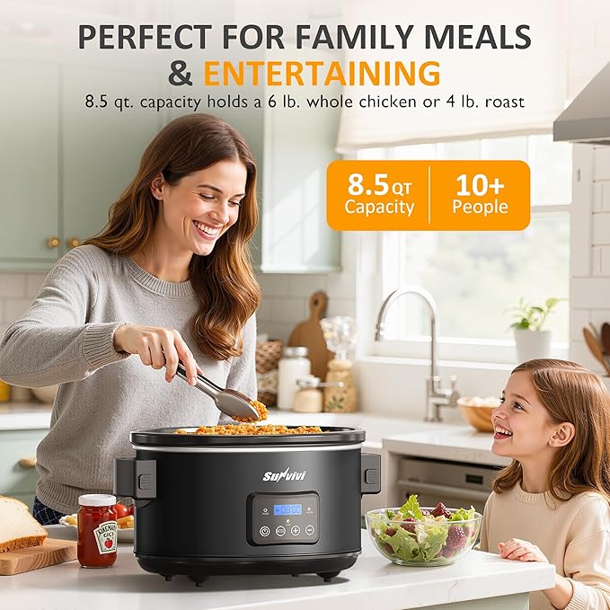 Sunvivi 8.5 Quart Programmable Slow Cooker: Multi-Cooker Food Warmer with Locking Lid & Digital Timer, Adjustable Tempature Control, Dishwasher Safe, Perfect for Families and Gatherings, Black