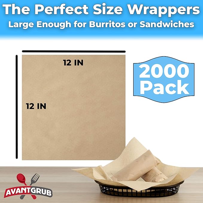 Eco Friendly, Grease Proof 12" x 12" Deli Wrap 2000 Pk. Best Kraft Food Wrapping Paper Sheets for Picnic, Festival, Fair or BBQ. Perfect Liner for Tray, Basket or Boat. Quality Bulk Restaurant Supply