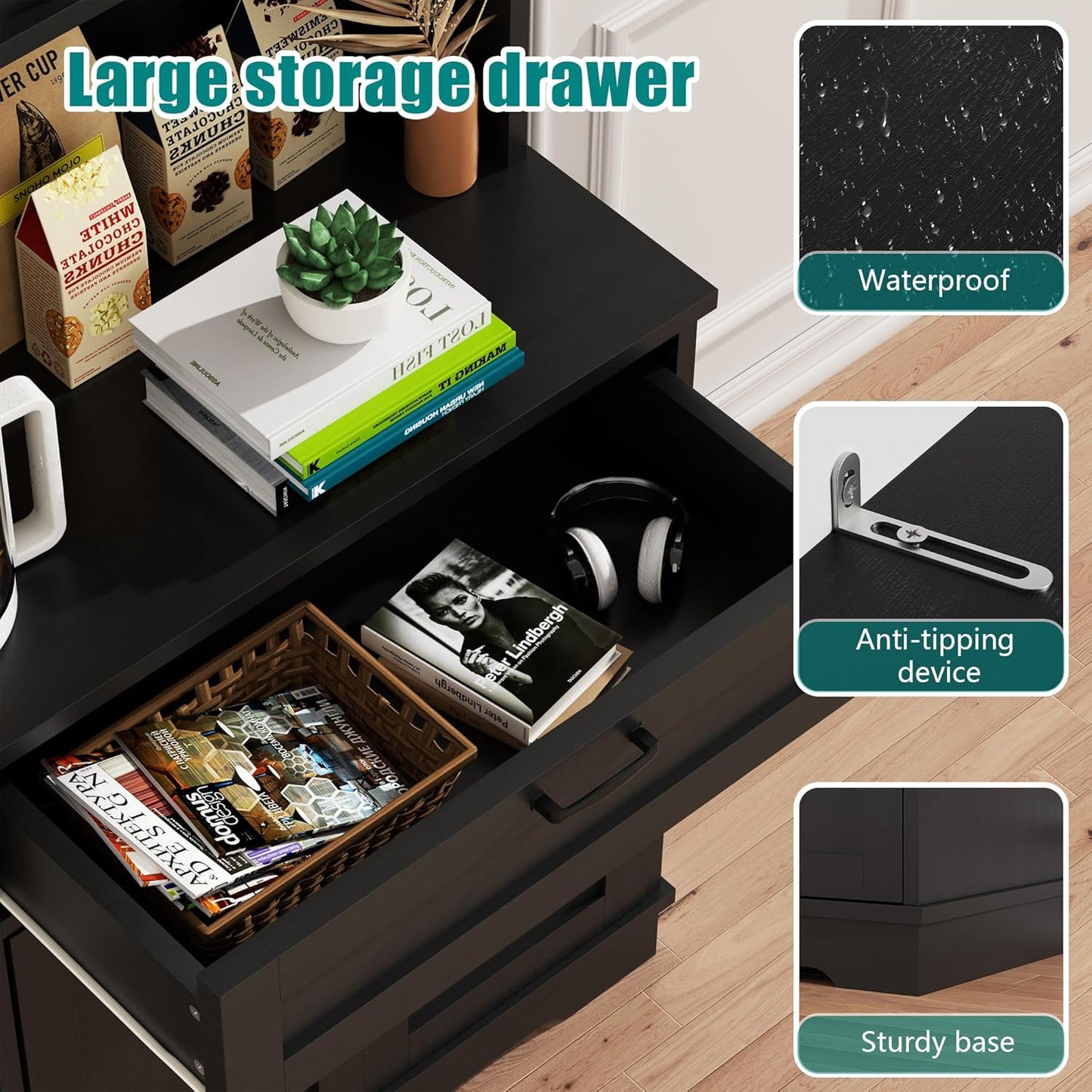 Vongrasig Tall Pantry Cabinet, Kitchen Pantry Storage Cabinet with Microwave Stand,Farmhouse Kitchen Hutch with Adjustable Shelves for Living Room, Dining Room, Black