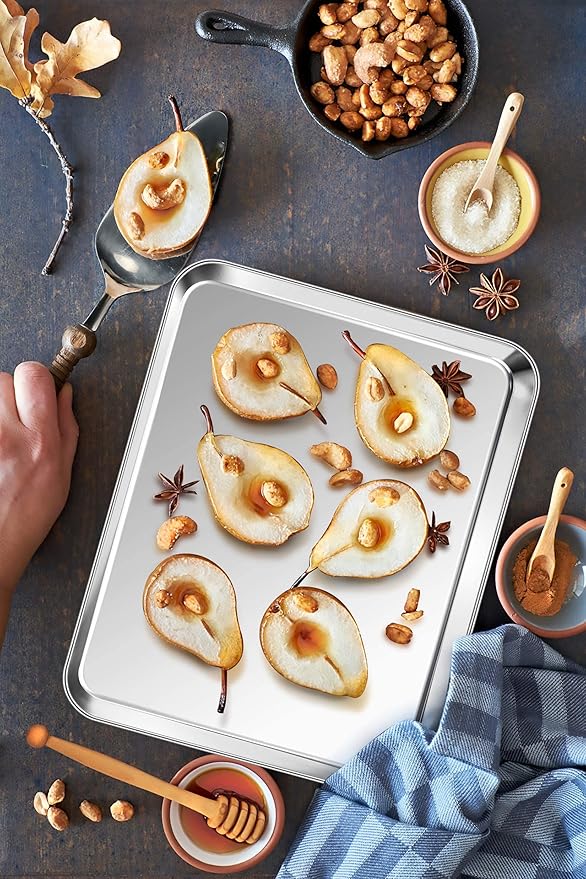 P&P CHEF 12.5 Inch Baking Cookie Sheet, Oven Pan Tray Stainless Steel Sheet Pan for Kitchen, Oven Bakeware for Multi Uses, Shiny Look & Dishwasher Safe, Healthy & Heavy Duty, 4Pcs