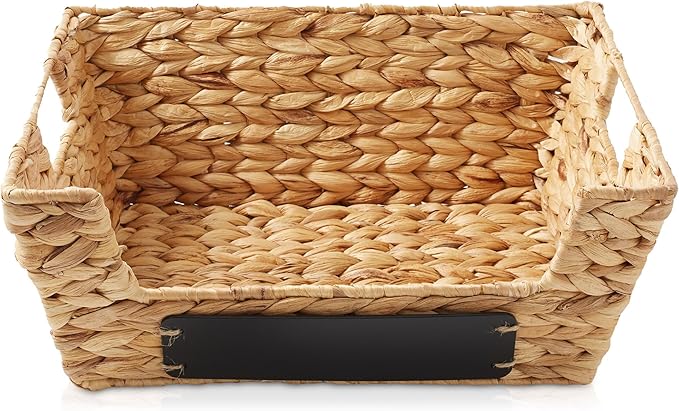 Casafield Set of 2 Water Hyacinth Pantry Baskets with Handles, Chalkboard Labels, and Marker - Natural, Wide Woven Storage Bin Organizers for Kitchen Shelves