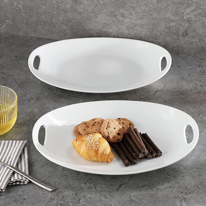 Porcelain Serving Platter with Handles, 14" serving dishes for entertaining, Oval Serving tray for Salad, Stew, Fruits and Pasta, Set of 2, White