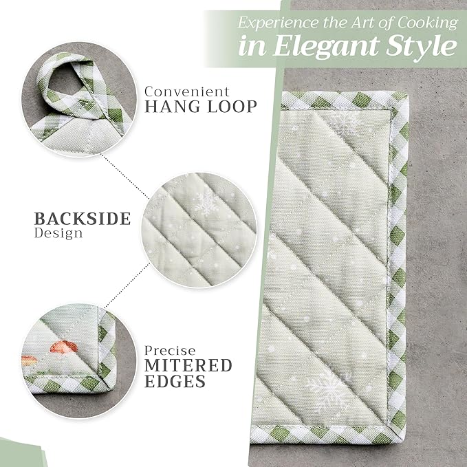 Maison d' Hermine 100% Cotton Oven Mitt & Pot Holder Set (7.5"x13" & 8"x8") Heat Resistant BBQ Cooking Gloves with Loop, Baking, Grilling, Kitchen, Handling Hot Pans (Winter Mornings)