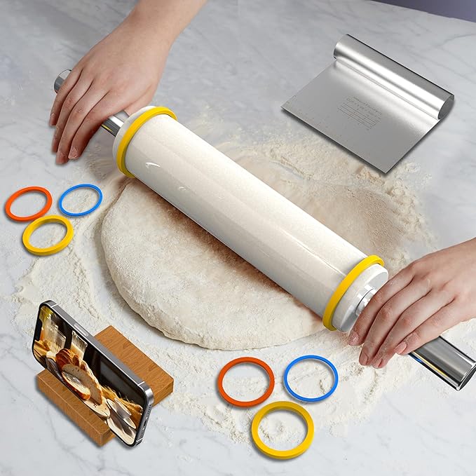 Marble Rolling Pin with Pastry Baking Mat and Stainless Steel Dough Cutter, 18.5” (Includes handle) Rolling Pin for Baking Cookie Crust Crisp Pizza with 3 Thickness Rings and Wood Stand