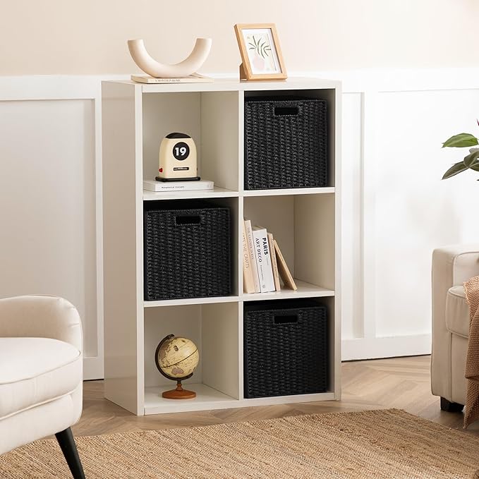 UBBCARE 6 Pack Wicker Basket, 11L×11H×10.5W inch Woven Paper Rope Storage Baskets for shelves, Foldable Cube Storage bin with Handle, Storage Basket for Organizing & Decor, Black