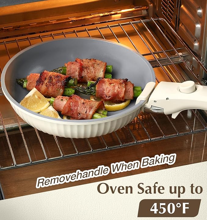 KOCH SYSTEME CS 17pcs Pots and Pans Set Non Stick, Nonstick Ceramic Cookware Set Detachable Handle, Induction Kitchen Pot and Pan Set, Non Stick with Removable Handle, RV Cookware Set, Cream White